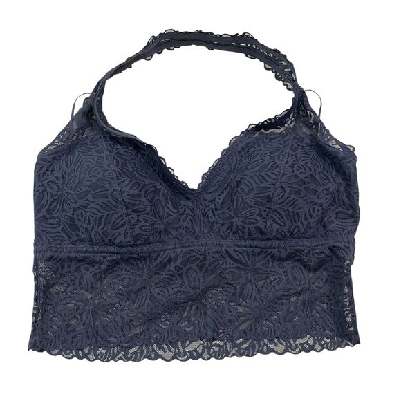 Aerie Womens Bra Size XL Blue Floral Lace Halter Neck Padded Bralette Wireless - Picture 1 of 5